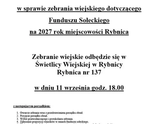 Zebranie wiejskie w Rybnicy – zaplanujmy Fundusz Sołecki na 2027 rok