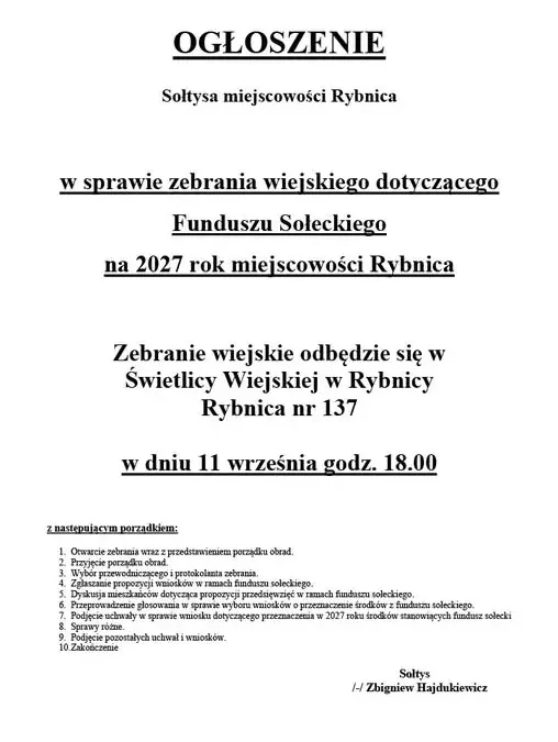 Zebranie wiejskie w Rybnicy – zaplanujmy Fundusz Sołecki na 2027 rok
