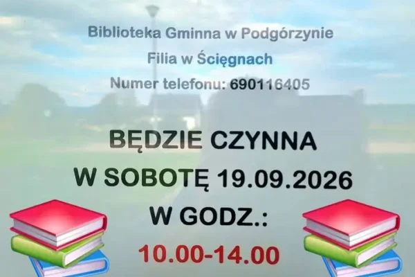 Biblioteka w Ścięgnach otwarta w sobotę 19 września