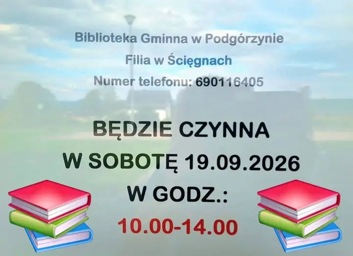 Biblioteka w Ścięgnach otwarta w sobotę 19 września
