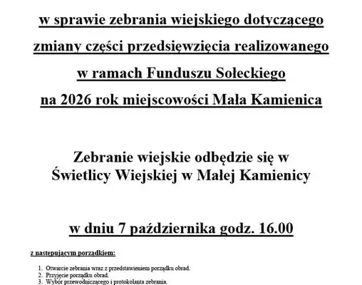 Mała Kamienica: zebranie wiejskie w sprawie Funduszu Sołeckiego na 2026 rok