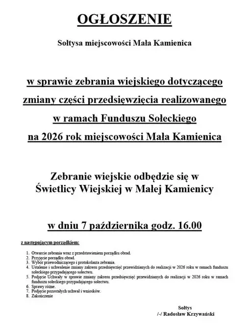 Mała Kamienica: zebranie wiejskie w sprawie Funduszu Sołeckiego na 2026 rok
