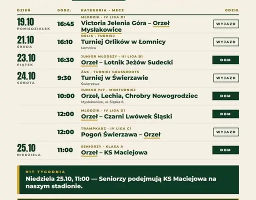 Terminarz Orła Mysłakowice: mecze od 19 do 25 października