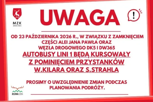 Zmiany w kursowaniu autobusów linii 1 w Jeleniej Górze od 23 października